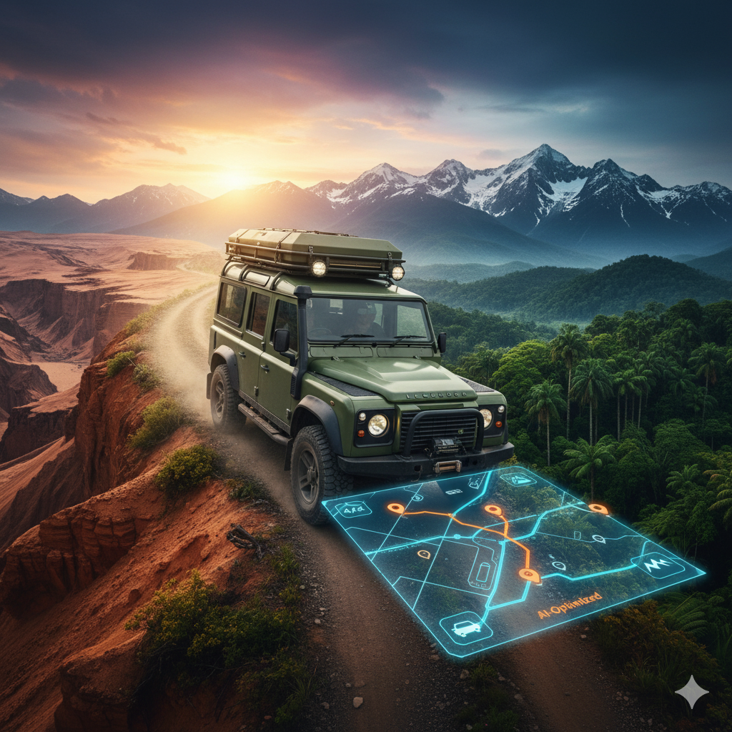 A Land Rover Defender driving through a dusty, off-road track.