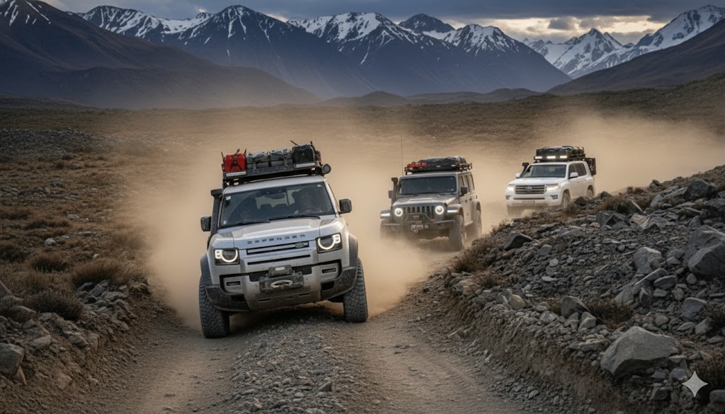 A Land Rover Defender, Jeep, and Land Cruiser on a dusty mountain road.