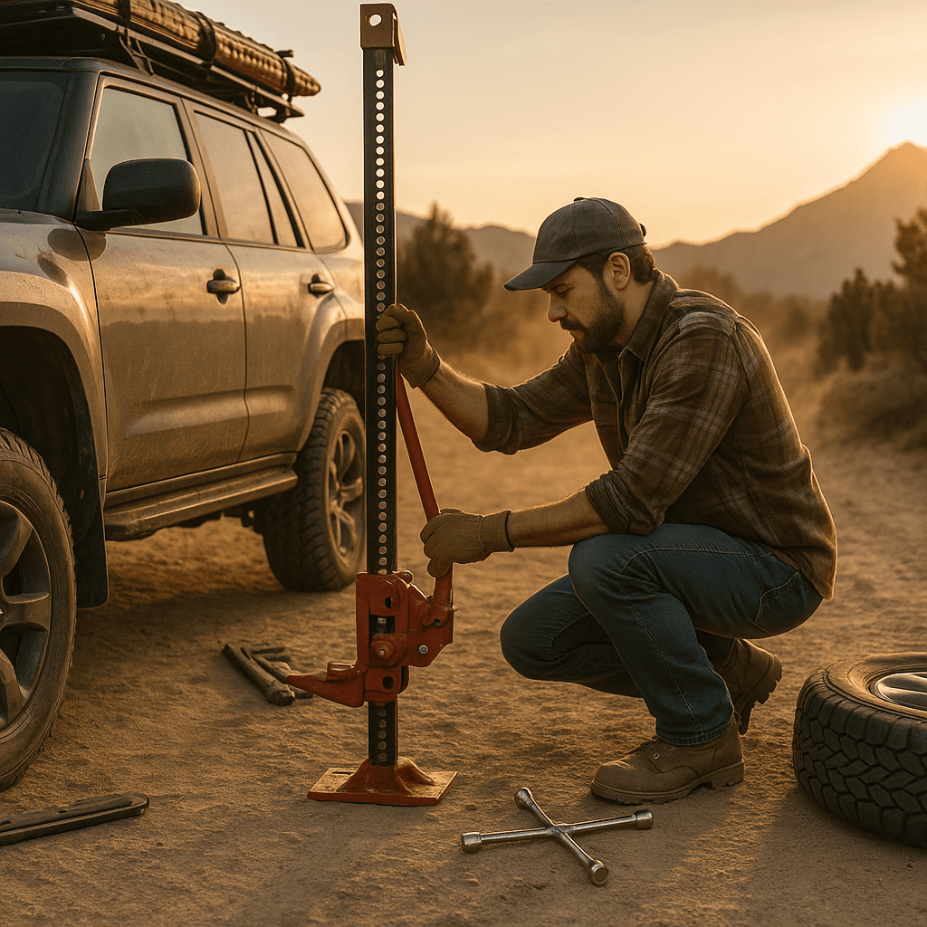 An overlander preparing to use a high-lift jack to repair a blown tyre in the bush