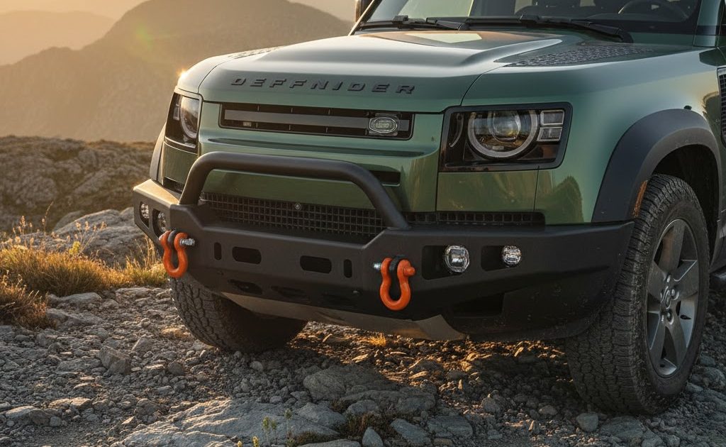 New Land Rover Defender front end with clearly visible rated twin 4wd recovery points on a steel bumper, parked on a rocky mountain trail at golden hour.