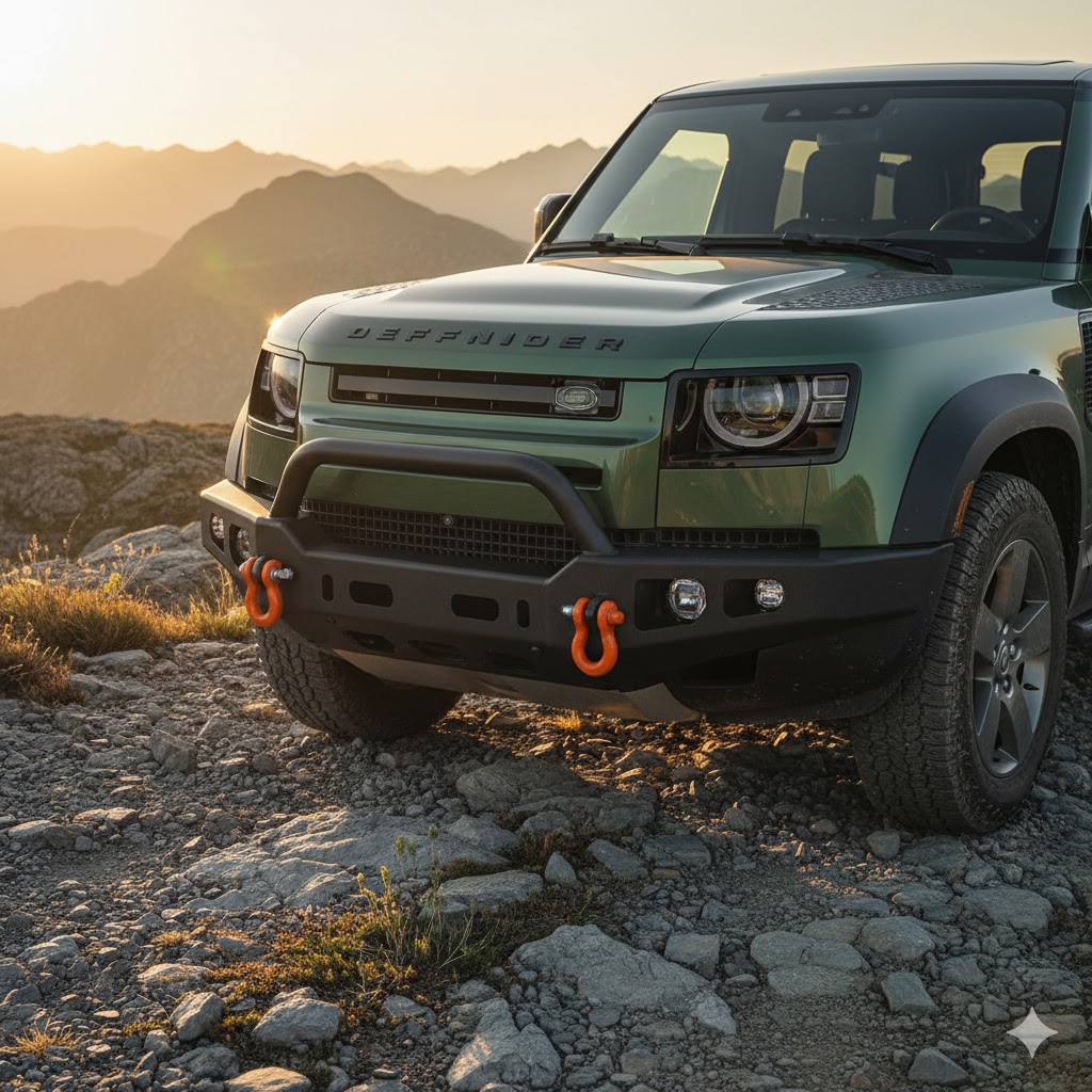 New Land Rover Defender front end with clearly visible rated twin 4wd recovery points on a steel bumper, parked on a rocky mountain trail at golden hour.