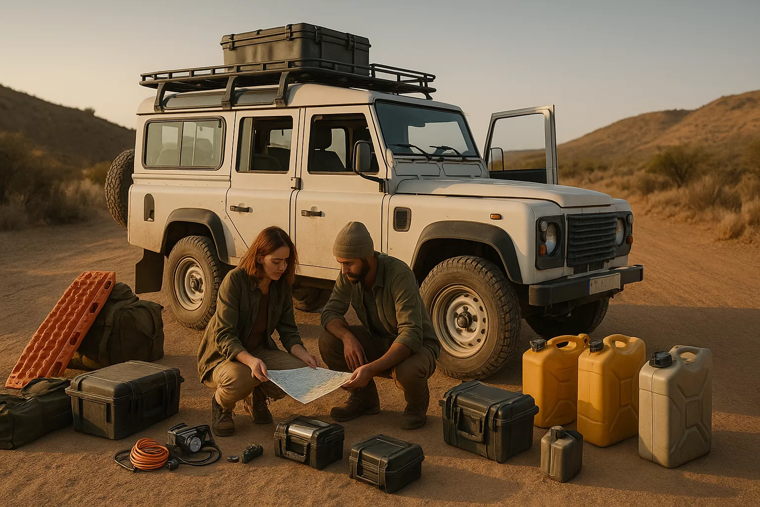 couple with there overlanding gear ready to pack into the land rover defender