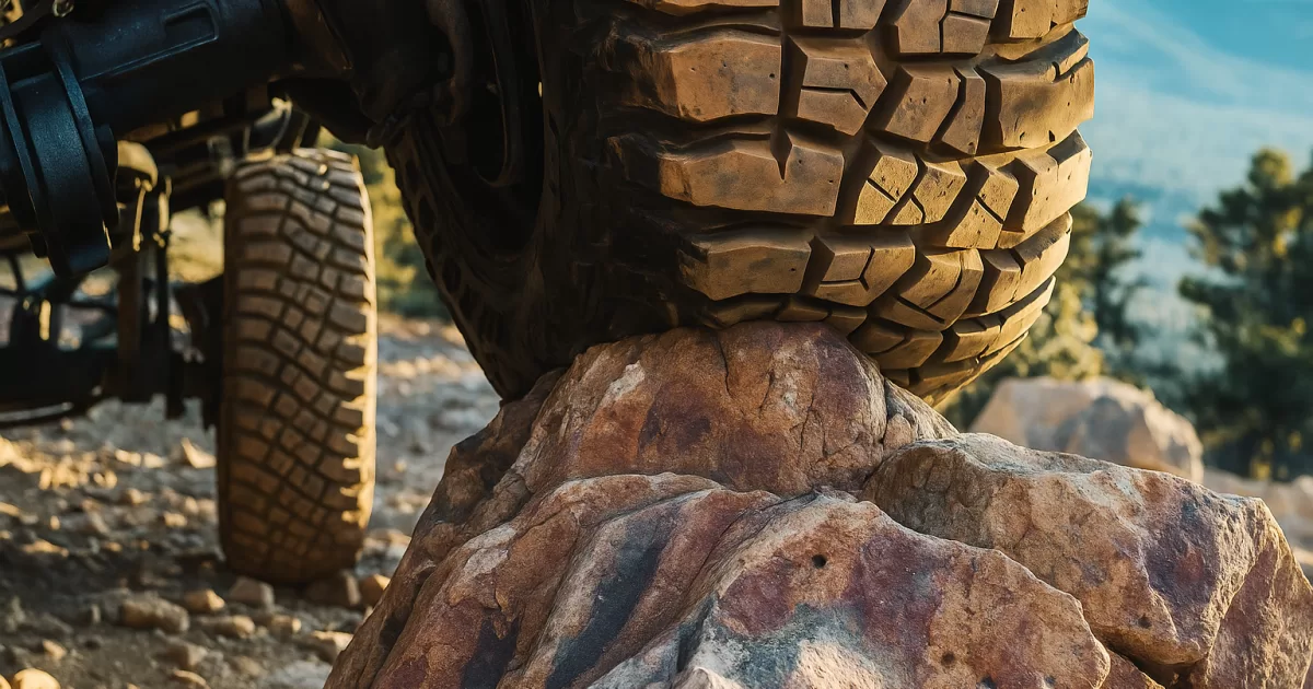 Tyre Anatomy & Safe Pressure Guide for Overlanders 13 Off-road 4x4 tyre flexing on rocky trail – tyre anatomy and pressure guide for overlanders