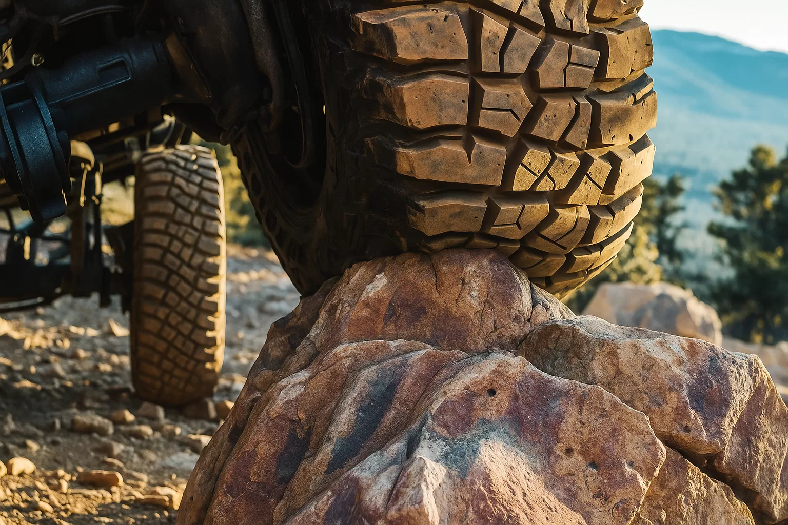 Off-road 4x4 tyre flexing on rocky trail – tyre anatomy and pressure guide for overlanders