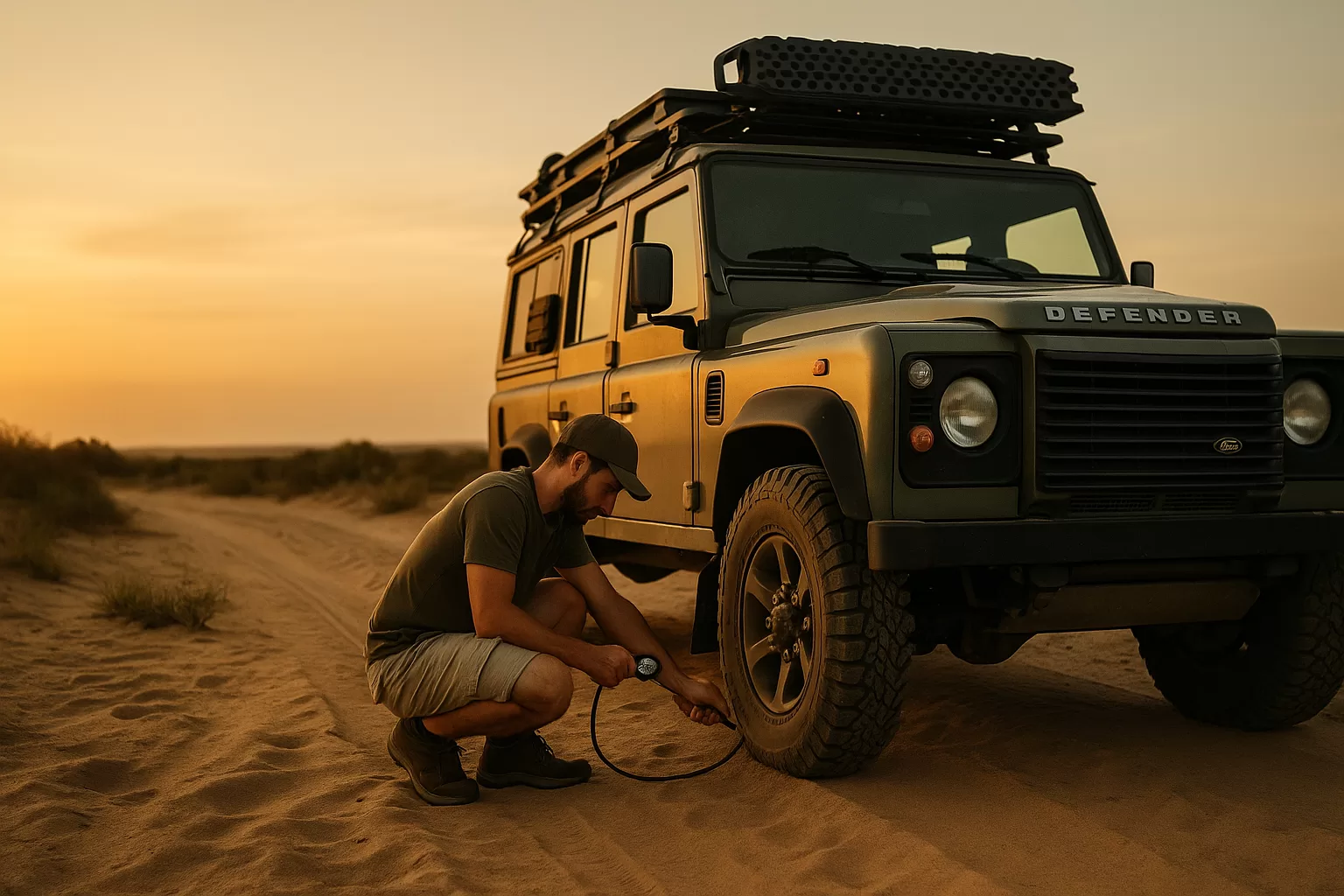 A man airing down the front tyre of a Land Rover Defender 110 on a sandy track at sunset