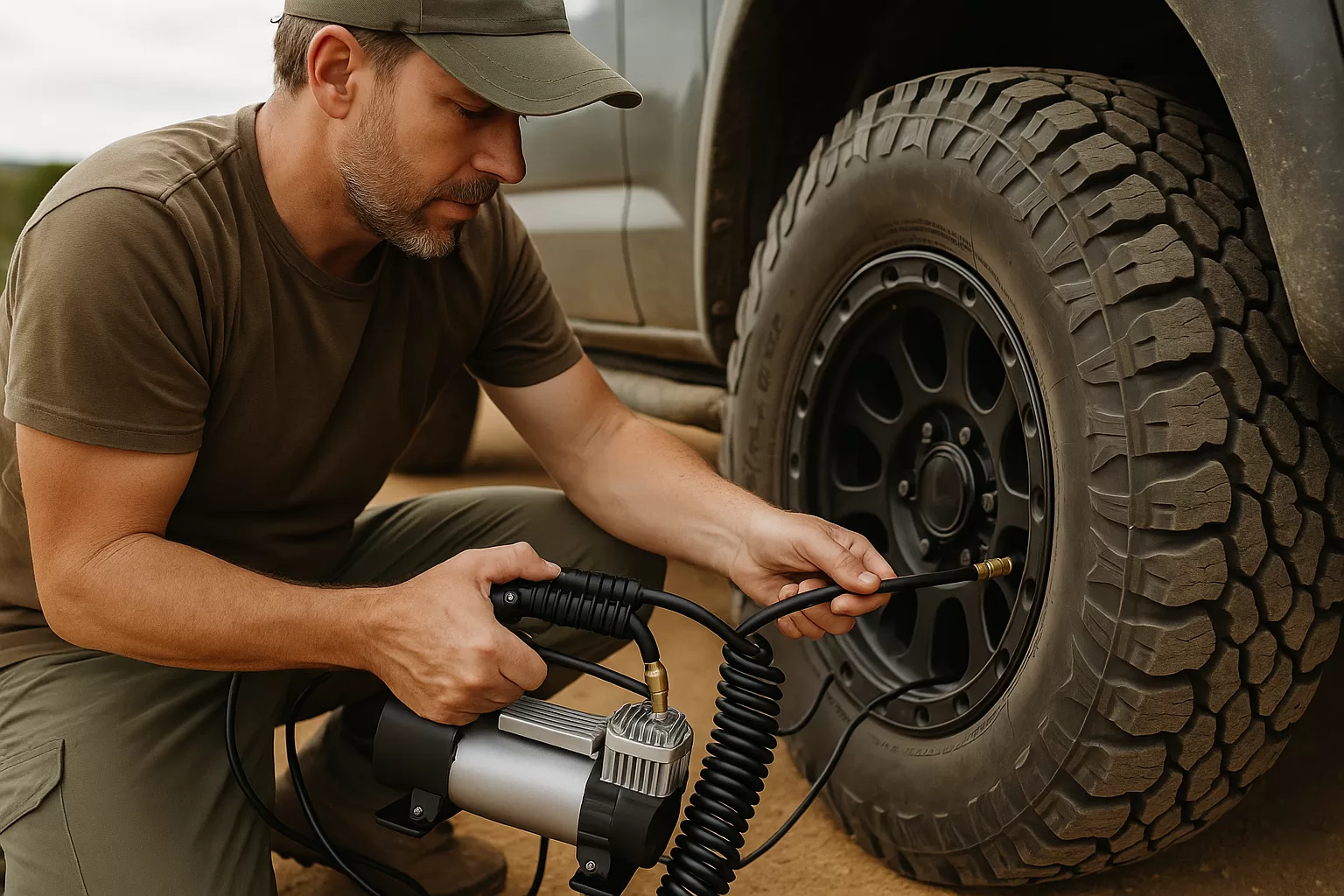A overlander re-inflating tyres on his 4wd after a desert drive Air-Down & Re-Inflate Procedures