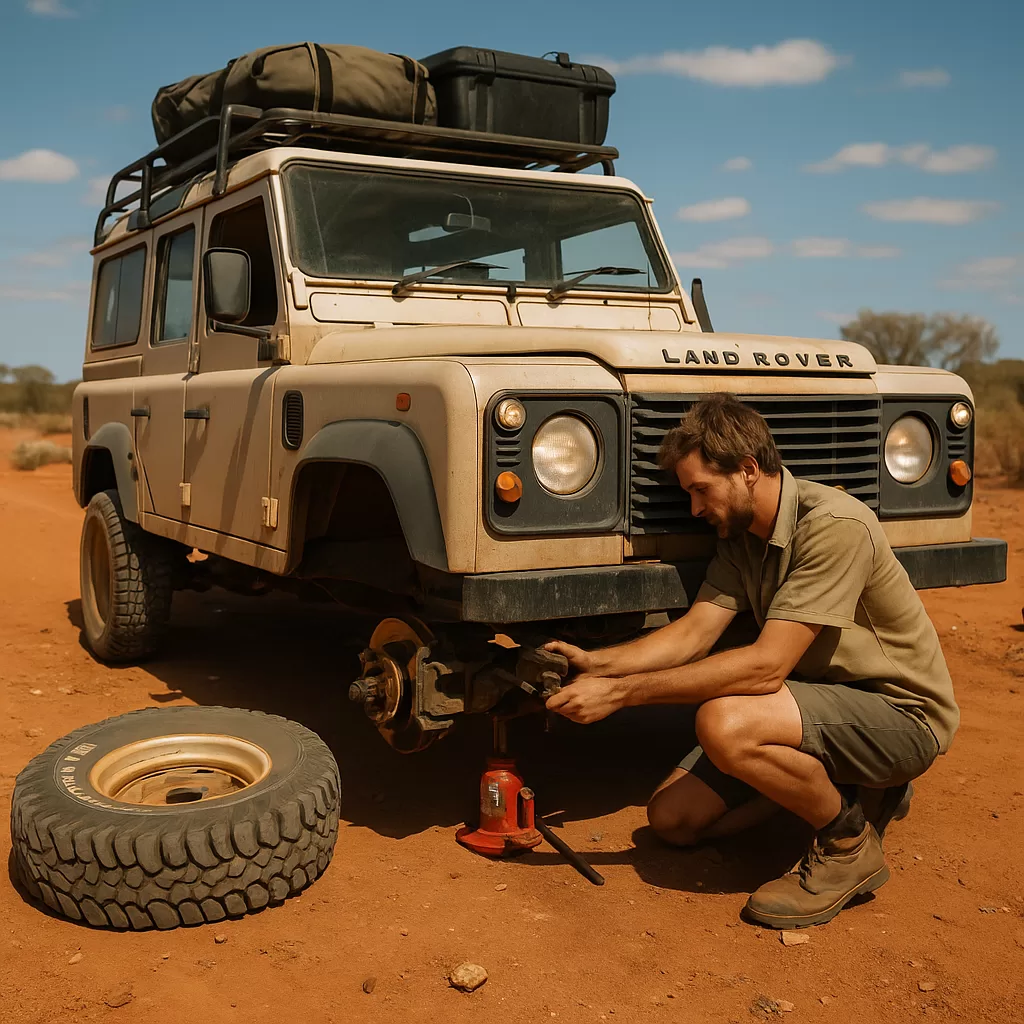 Bush mechanic fixing a Land Rover Defender in the outback with a wheel off