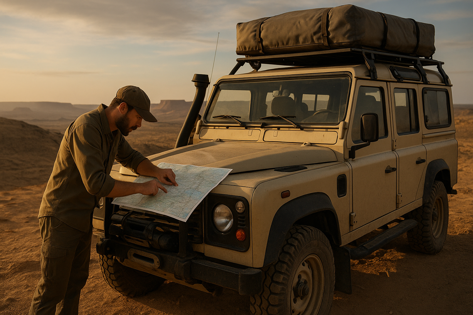 Expedition-ready 4x4 on a remote track, planning route with an expedition planner