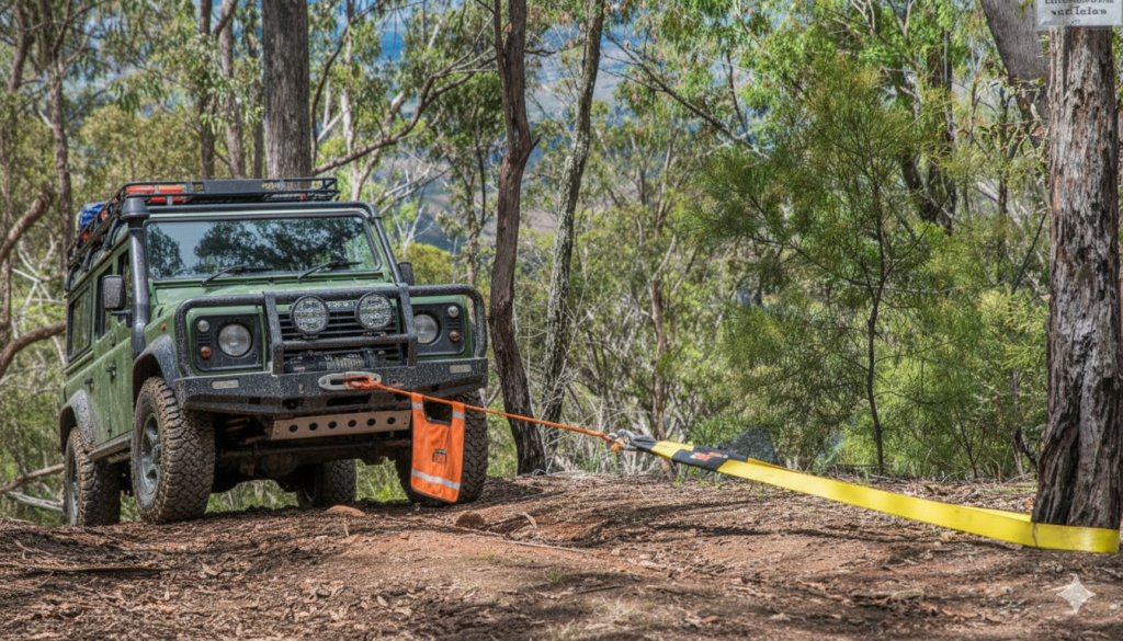 An expedition-ready Land Rover Defender 110 stuck in a deep mud rut, illustrating a 4WD recovery using a high-visibility orange snatch strap attached to its front recovery point