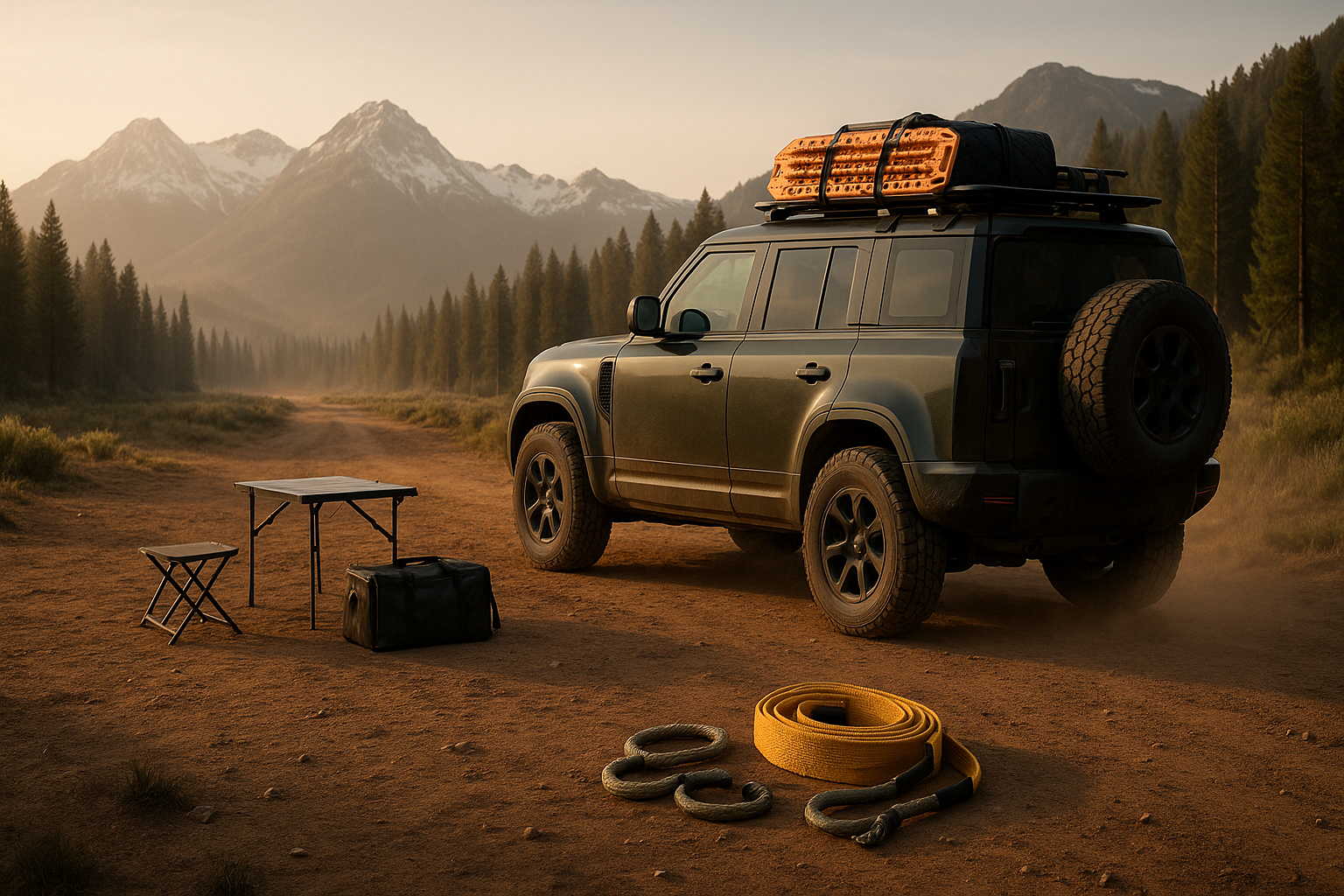 Rugged Land Rover Defender overland build driving a dusty mountain road at golden hour