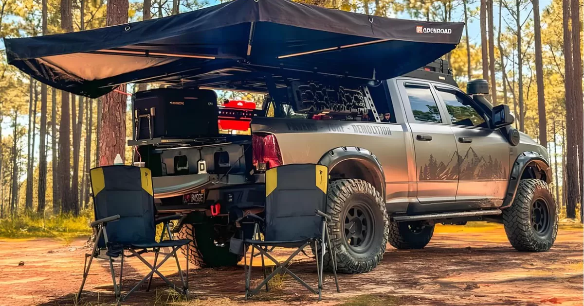 OPENROAD 270° Freestanding Awning set up at a 4x4 campsite