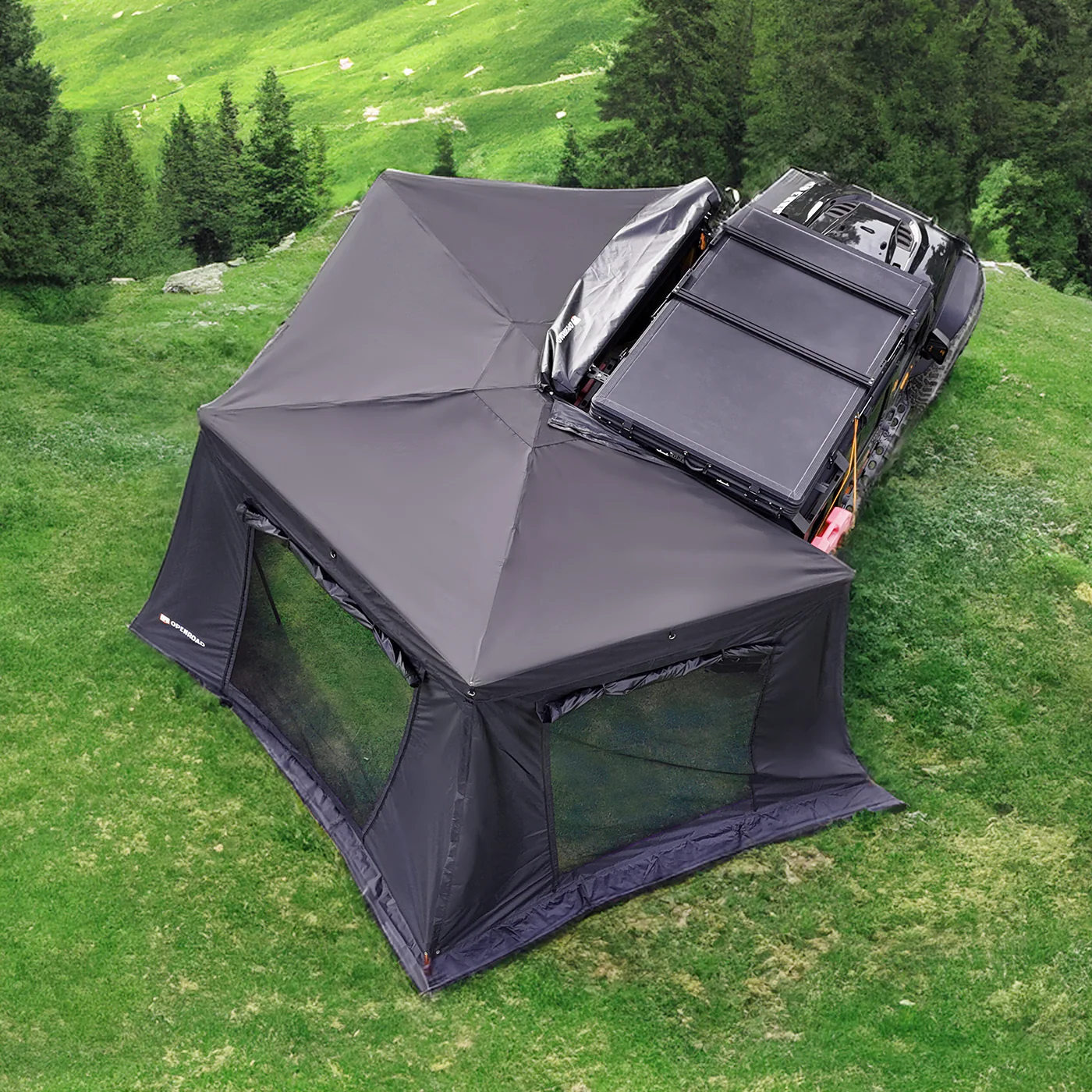 OPENROAD 270 Awning Side Walls creating a full enclosure under a freestanding 270 awning