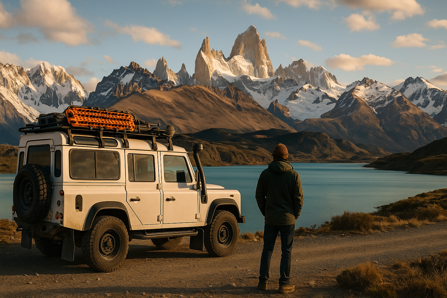 White expedition-prepped Land Rover Defender on a high pass at golden hour; solo overlanding driver surveying a Patagonia-style valley of peaks and lakes