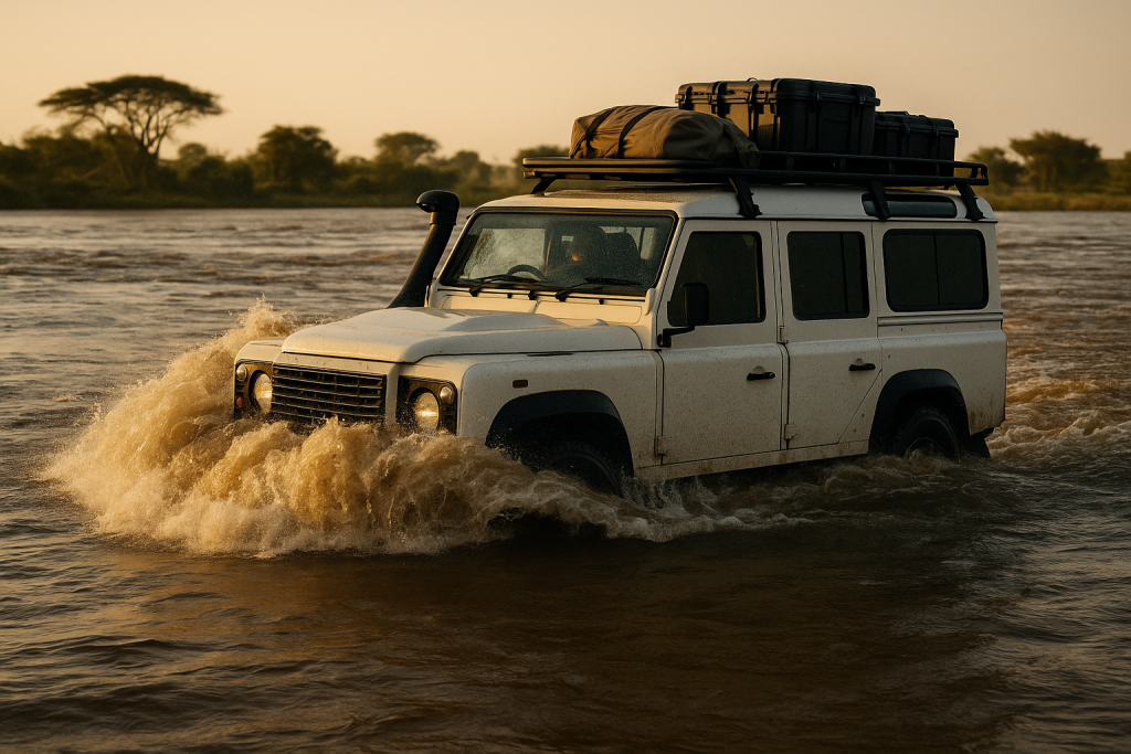 An expedition prepared Land Rover defender wading through a deep water crossing in Africa