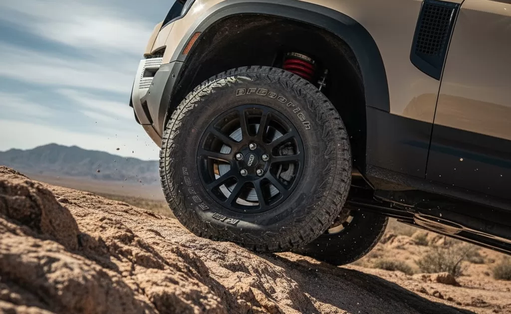 The Overlanding Tyre Pressures Guide: Don't Just Guess, Know. 25 Aired-down 4x4 tyre flexing over rock to maximise traction (overlanding tyre pressures guide)