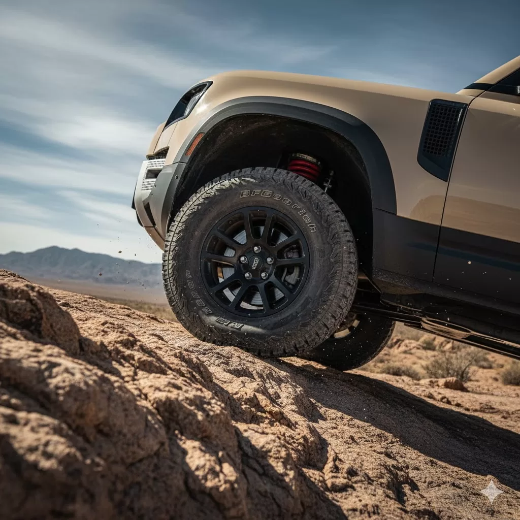 Aired-down 4x4 tyre flexing over rock to maximise traction (overlanding tyre pressures guide)