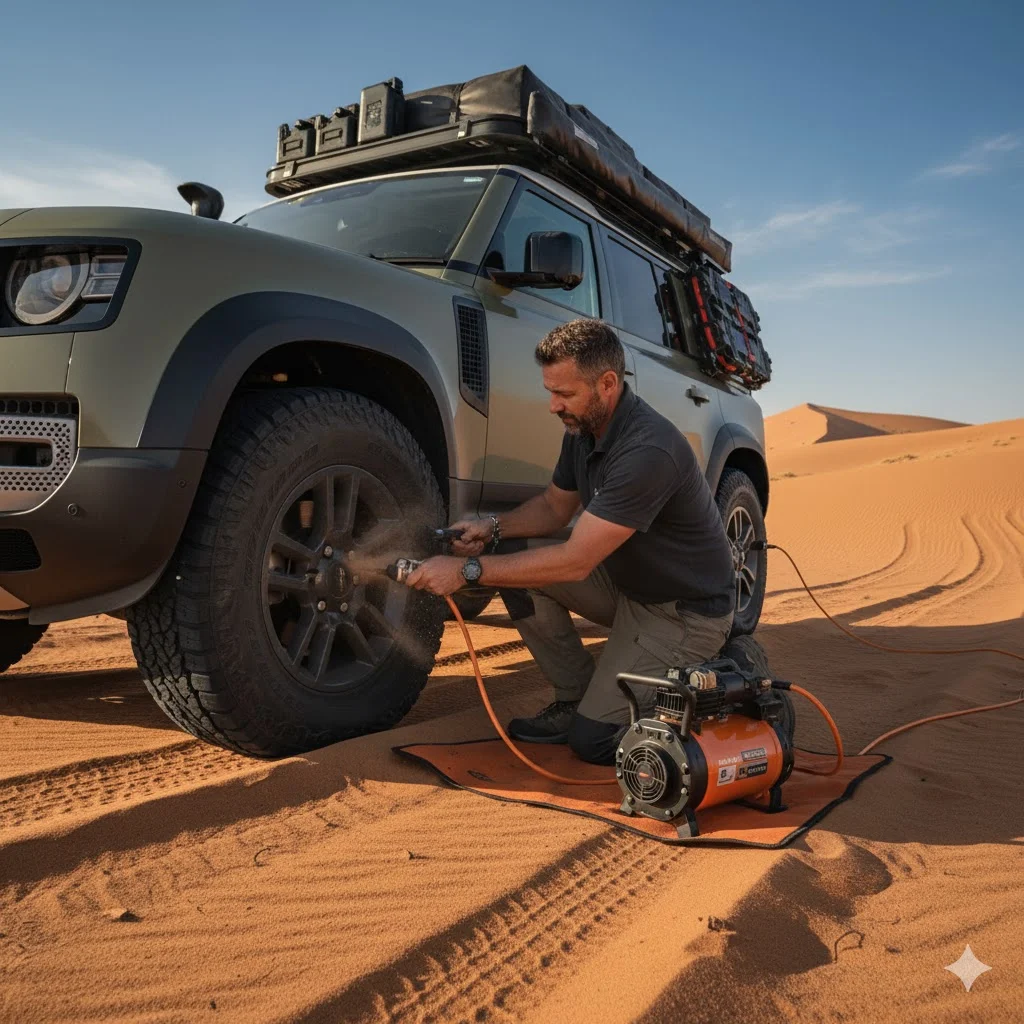 "Overlander airing tyres down before hitting soft sand"