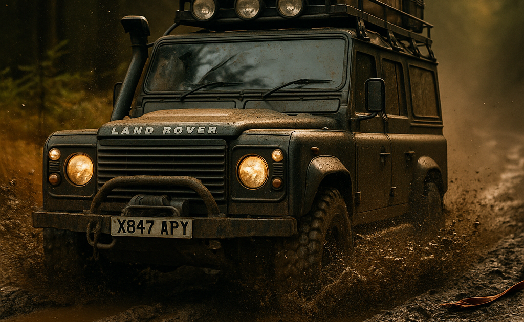 Expedition-prepared classic Land Rover Defender 110 with snorkel, roof rack and mud-terrain tires conquering muddy trails splashing through deep muddy ruts on a forest trail at golden hour