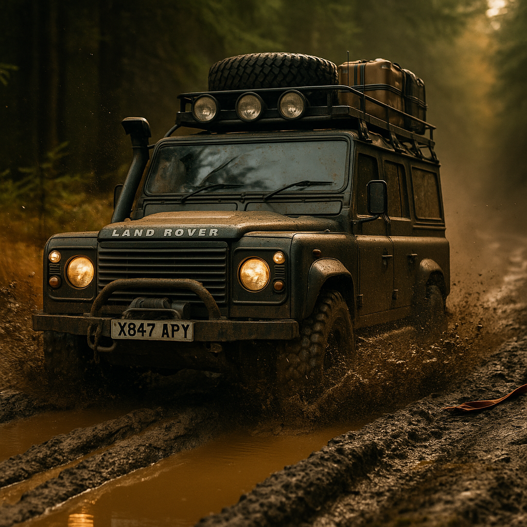 Expedition-prepared classic Land Rover Defender 110 with snorkel, roof rack and mud-terrain tires conquering muddy trails splashing through deep muddy ruts on a forest trail at golden hour
