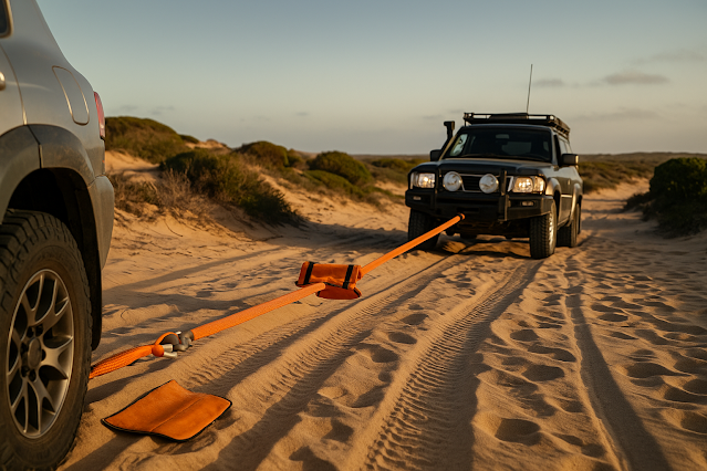 Two off-road 4x4s performing a kinetic snatch recovery on soft sand; Overland Recovery Kit orange rope with line dampener between vehicles, spotter standing clear, dunes in the background