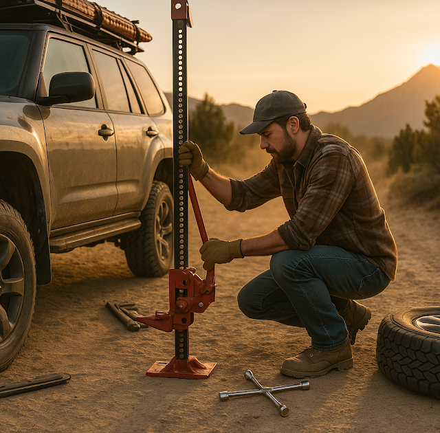 Man using a high-lift jack to raise the front of a 4WD on a rocky trail, preparing to change a wheel in an off-road environment
