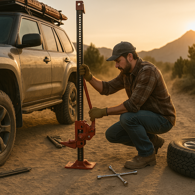 Man using a high-lift jack to raise the front of a 4WD on a rocky trail, preparing to change a wheel in an off-road environment