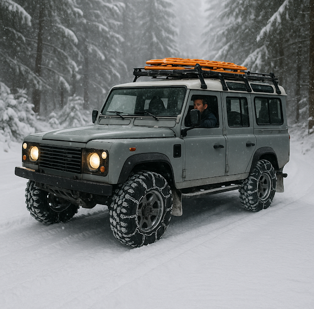 Learn winter 4x4 basics: Classic Land Rover Defender 110 with snow chains driving a snowy forest trail in daylight, orange traction boards on the roof rack, light snowfall—winter wheeling safety hero image