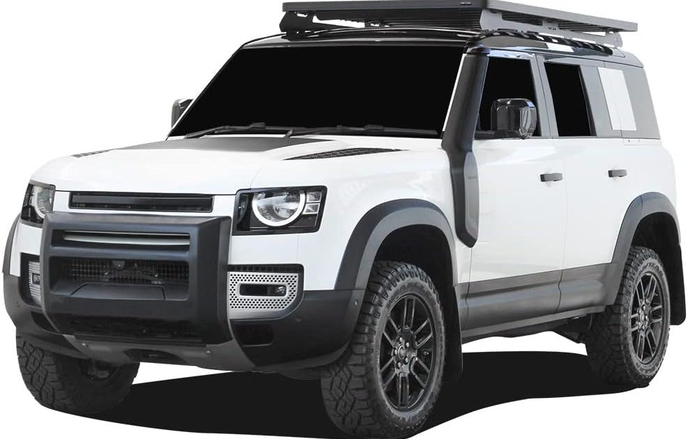 Front Runner Slimline II Contour roof rack mounted on a white Land Rover Defender 90 Roof Rack Review