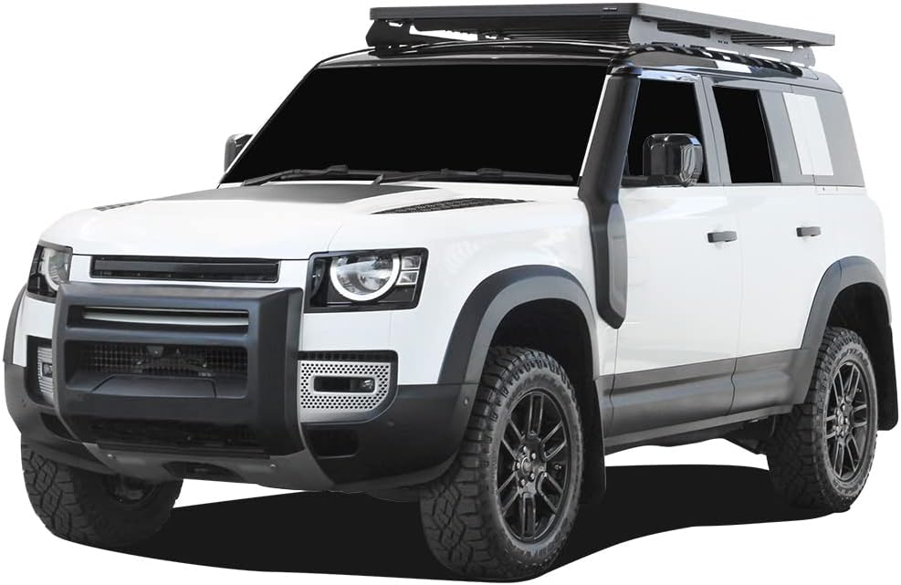 Front Runner Slimline II Contour roof rack mounted on a white Land Rover Defender 90 Roof Rack Review