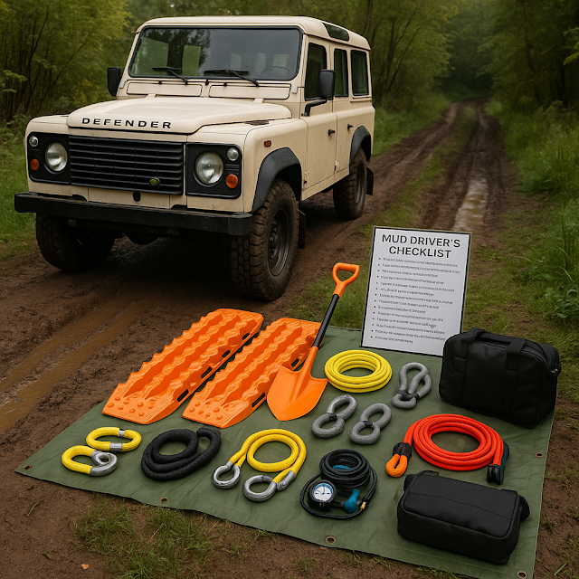 Classic Land Rover Defender 110 parked at a muddy forest trailhead in daylight; on a tarp the mud kit is laid outโtraction boards, shovel, kinetic rope, rated soft shackles, tow strap, air compressor, tire gauge, gloves and recovery bagsโfeatured image for โMud Driverโs Checklist for muddy trails'