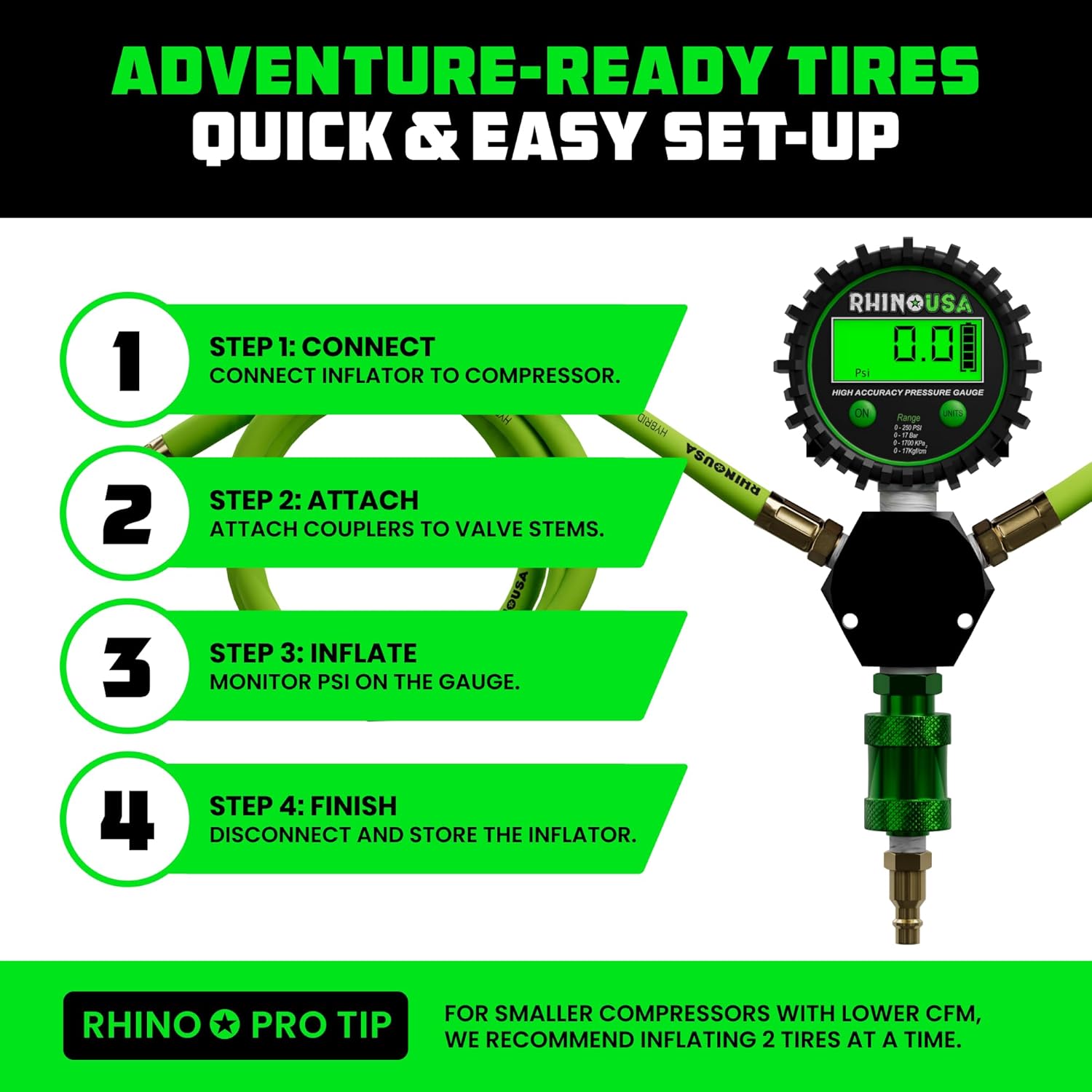Rhino USA 4-Tire Inflation System | 4-Way Hose Kit with On/Off Slide Valve | Fits 155″ Wheelbase (Truck, Car, Trailer) Overland Gear Guide