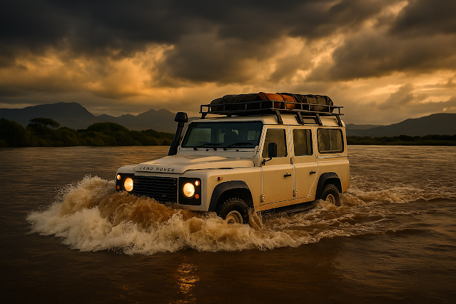 Expedition Land Rover Defender 110 with snorkel deep water fording and creating a large bow wave while fording a chest-deep, wide African river at walking pace; dramatic stormy sky.