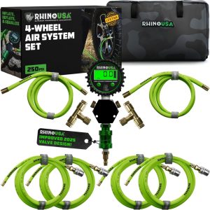 Rhino USA 4-Tire Inflation System | 4-Way Hose Kit with On/Off Slide Valve | Fits 155″ Wheelbase (Truck, Car, Trailer) Overland Gear Guide