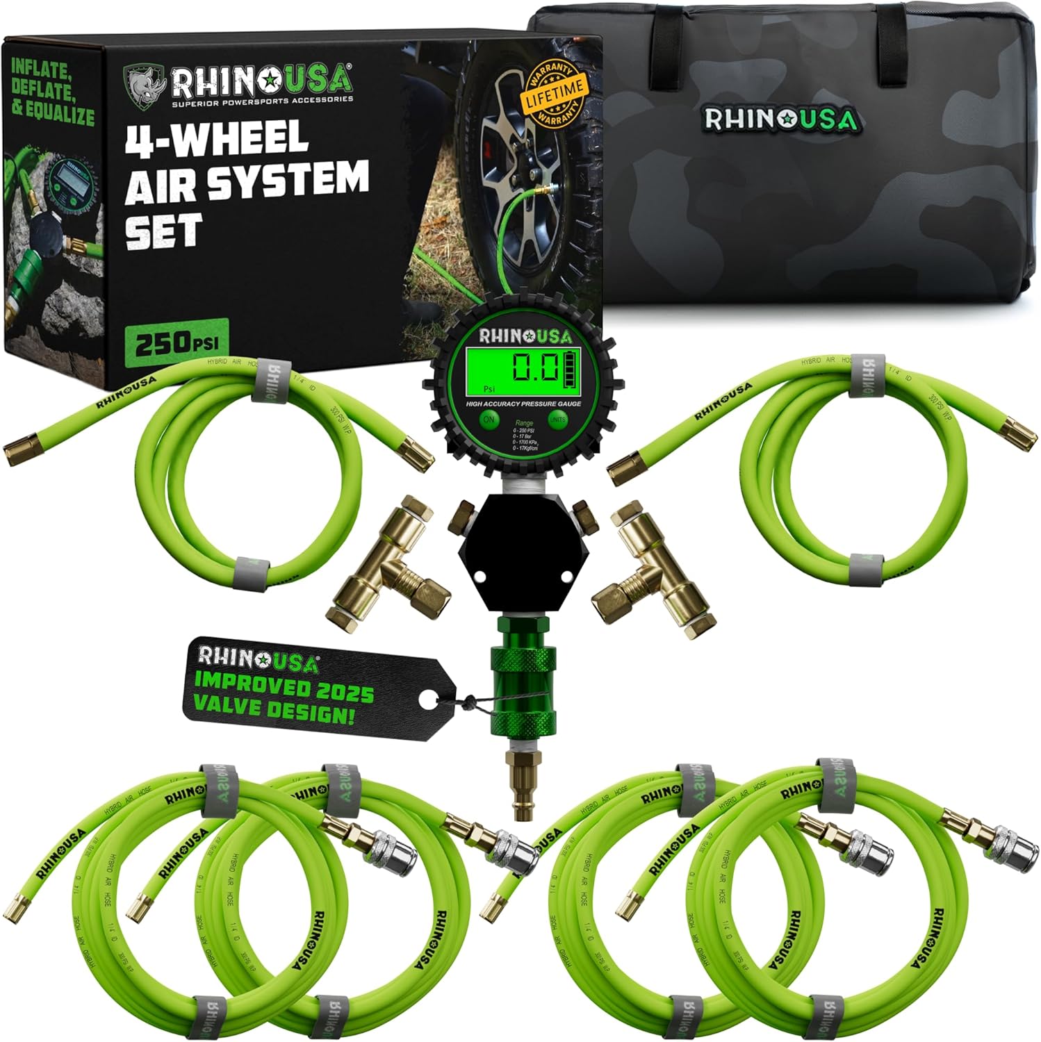 Rhino USA 4-Tire Inflation System | 4-Way Hose Kit with On/Off Slide Valve | Fits 155″ Wheelbase (Truck, Car, Trailer) Overland Gear Guide