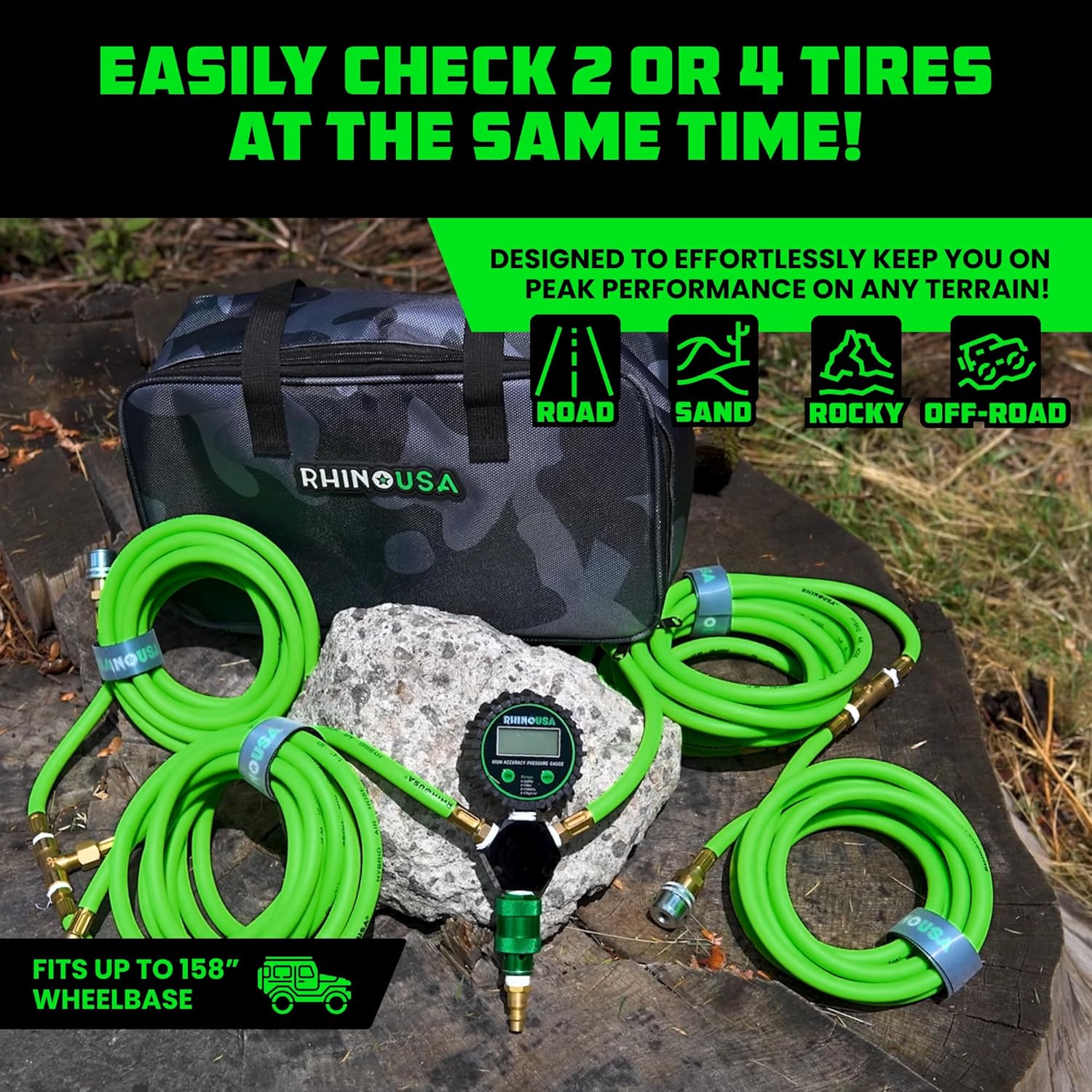 Rhino USA 4-Tire Inflation System | 4-Way Hose Kit with On/Off Slide Valve | Fits 155″ Wheelbase (Truck, Car, Trailer) Overland Gear Guide