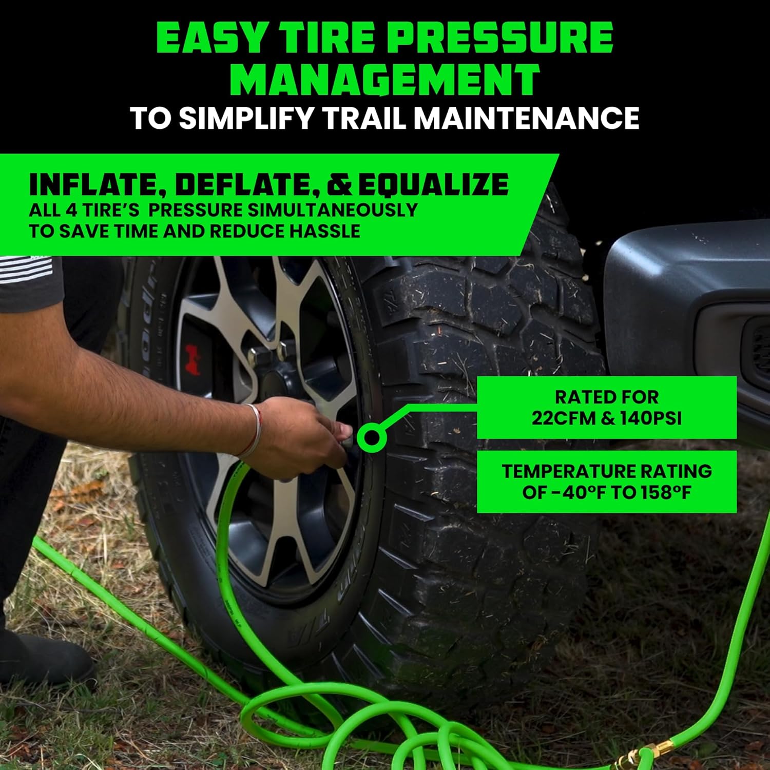 Rhino USA 4-Tire Inflation System | 4-Way Hose Kit with On/Off Slide Valve | Fits 155″ Wheelbase (Truck, Car, Trailer) Overland Gear Guide