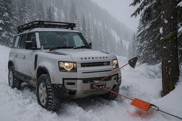 White Land Rover Defender self-recovering in deep snow with a winch; synthetic line to a tree with tree-saver and line damper visible; daylight snowfall in alpine forest. winter off-roading