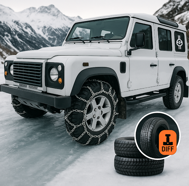 The Ultimate 4x4 Guide to Icy Trails White Land Rover Defender on an icy mountain trail in daylight, front tires fitted with snow chains; stack of winter tires and a differential-lock icon highlight chains, tires, and lockers for icy trails.