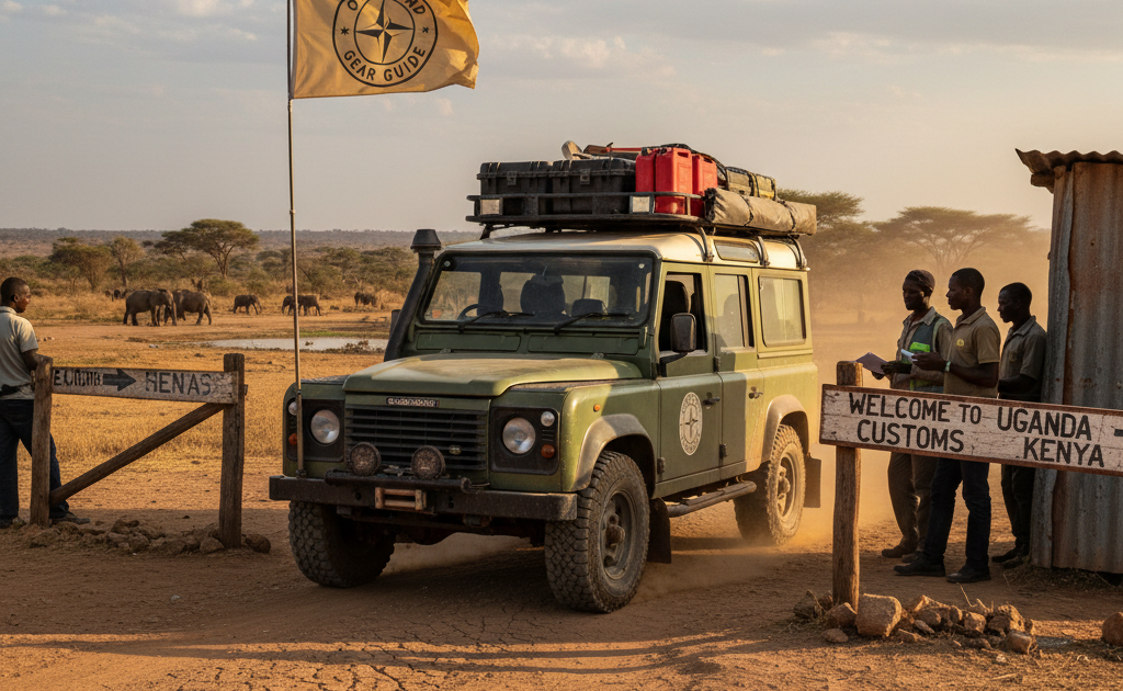 A realistic photo of an expedition-ready, olive green Land Rover Defender 110, heavily loaded with gear on its roof rack, crossing a dusty border crossing in Africa. A yellow "OVERLAND GEAR GUIDE" flag flies prominently beside the vehicle. On the left, a wooden sign with "ECITIB HENAS" points one way, and on the right, a makeshift customs hut with a sign reads "WELCOME TO UGANDA CUSTOMS KENYA". Several uniformed border officials stand near the vehicle, which kicks up a small cloud of dust. In the background, under a warm, late afternoon sky, elephants graze near acacia trees on a vast savanna