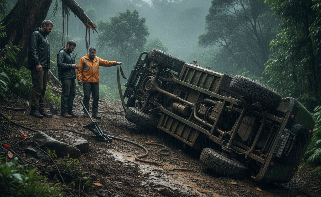 A green expedition-ready Land Rover Defender lies rolled over on its side on a steep, muddy track, showcasing its exposed chassis in a dramatic 4x4 recovery gone wrong. Preventing Rollovers During 4x4 Recovery