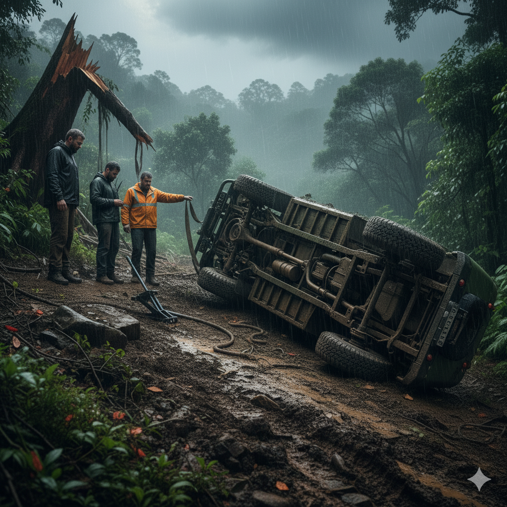 A green expedition-ready Land Rover Defender lies rolled over on its side on a steep, muddy track, showcasing its exposed chassis in a dramatic 4x4 recovery gone wrong. Preventing Rollovers During 4x4 Recovery