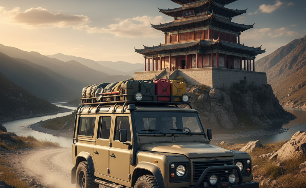 A fully-equipped Land Rover Defender drives past a historic Chinese building, symbolizing one of Asia's Overlanding Routes like the Silk Road.