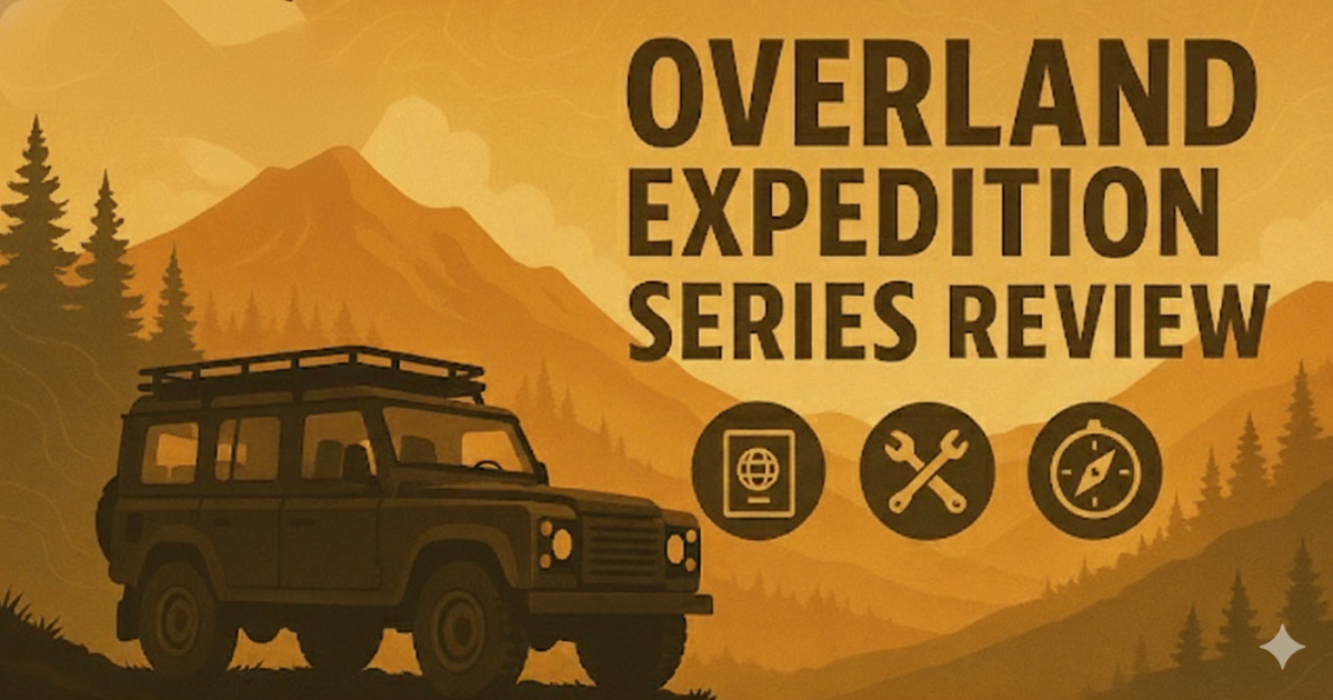 Vintage-style illustration of a fully equipped 4x4 in the mountains — featured image for our Overland Expedition Series review