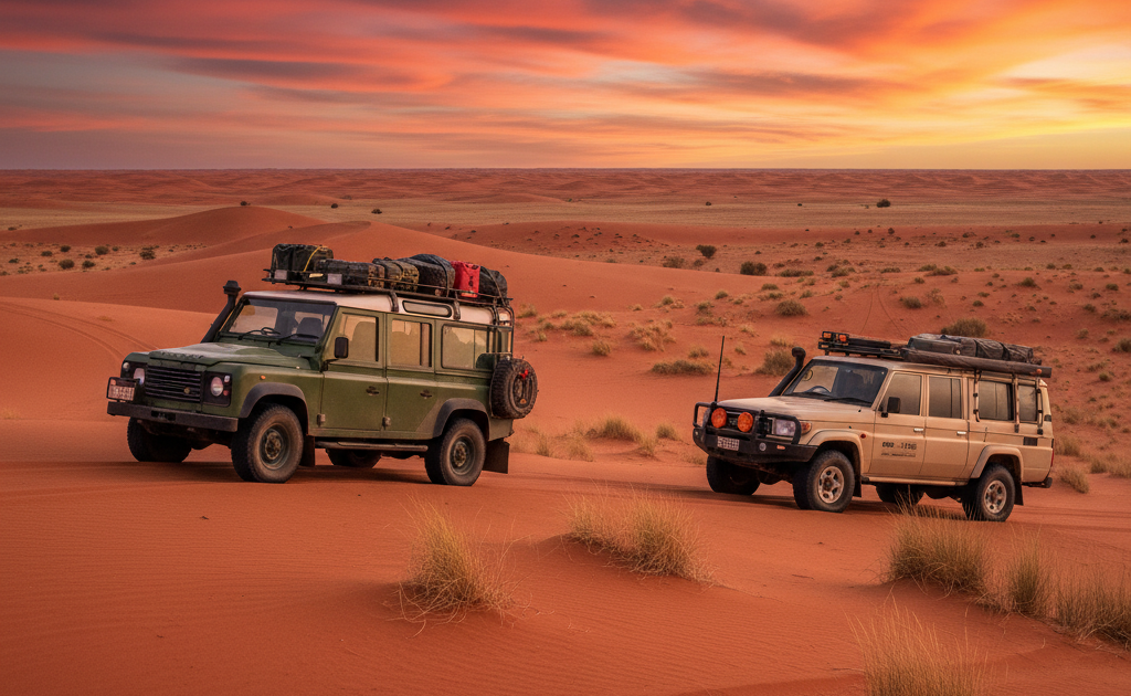Overlanding Australasia a classic Land rover defender and a toyota 79 series expedition prepared travelling through the simpson desert Australia