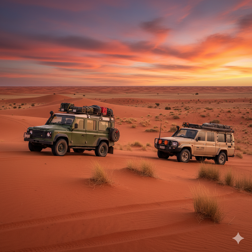 Overlanding Australasia a classic Land rover defender and a toyota 79 series expedition prepared travelling through the simpson desert Australia