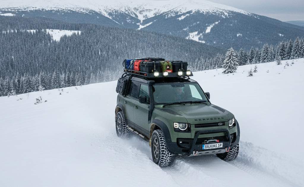 A land rover defender driving through the Balkans in Europe on a snowy trail