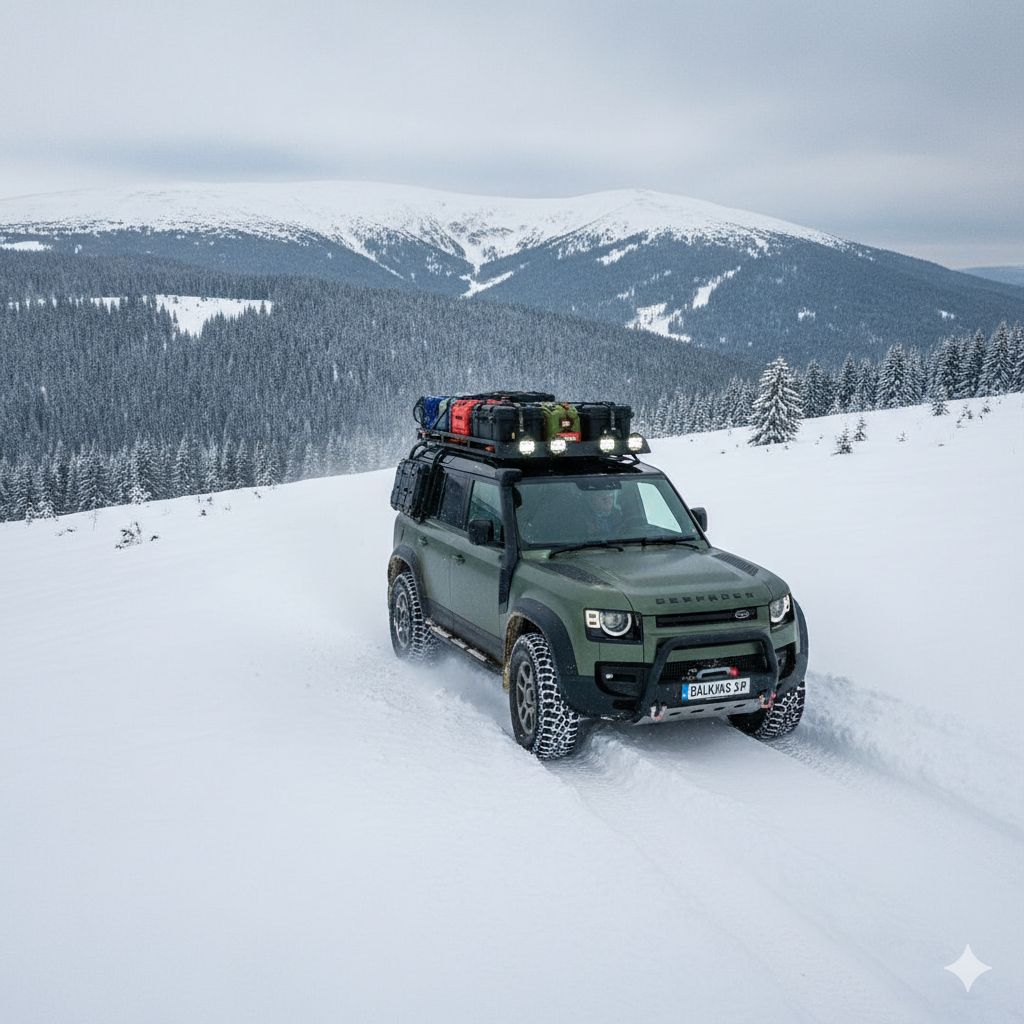 A land rover defender driving through the Balkans in Europe on a snowy trail