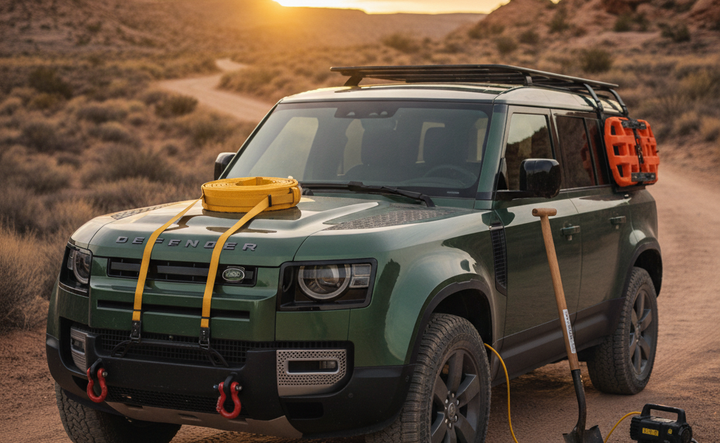 A green Land Rover Defender parked on a dirt trail at sunset with a Beginner Overland Recovery Kit laid out, including traction boards, a recovery strap, shackles, a shovel, gloves, and an air compressor