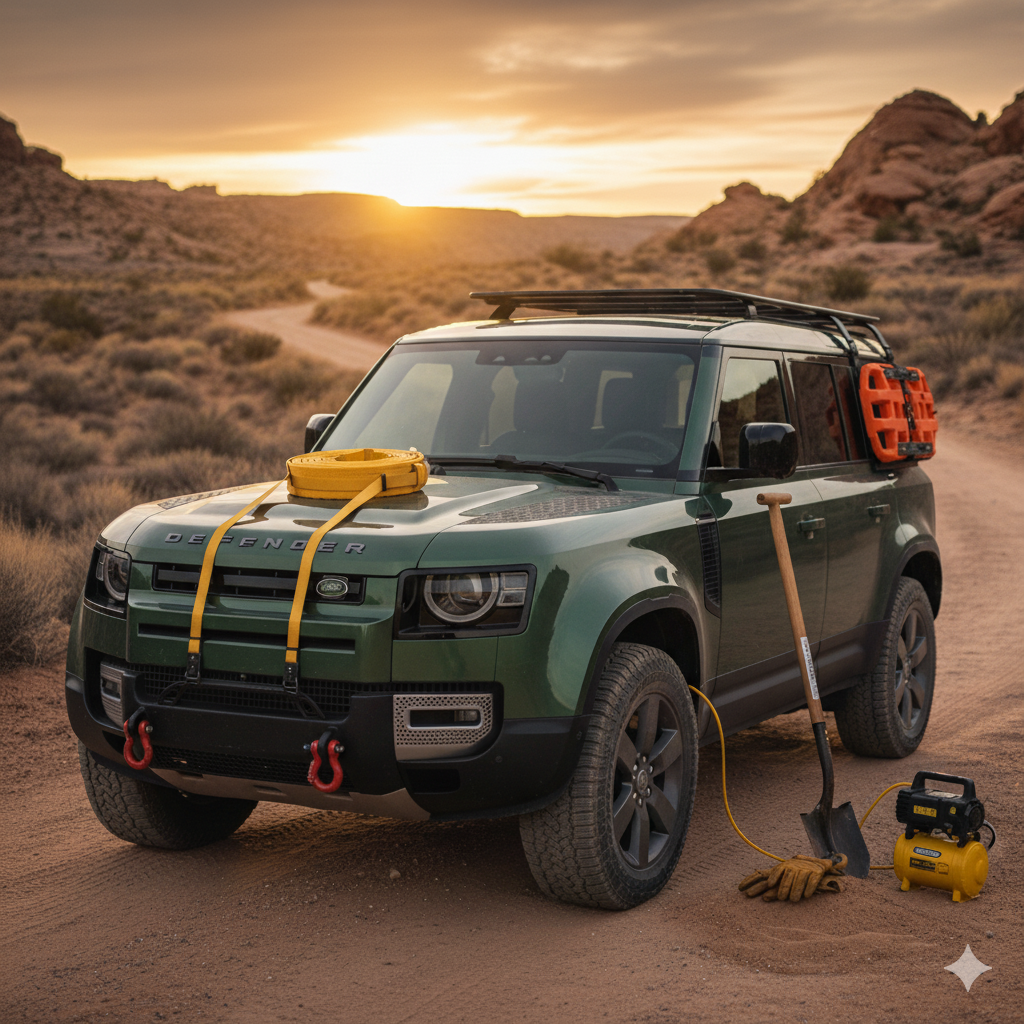 A green Land Rover Defender parked on a dirt trail at sunset with a Beginner Overland Recovery Kit laid out, including traction boards, a recovery strap, shackles, a shovel, gloves, and an air compressor
