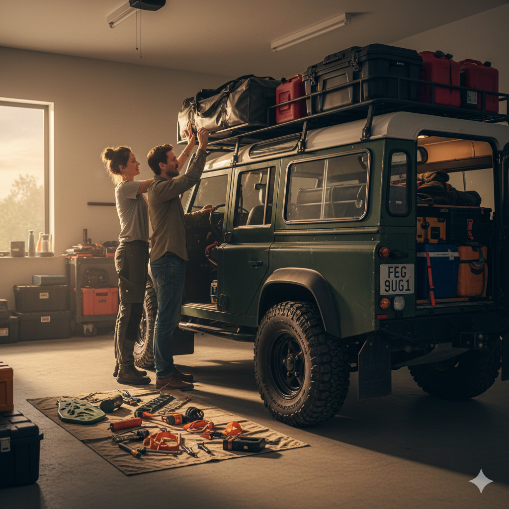 Lesson 2 – Overland vehicle parked with tyres, storage and simple upgrades.